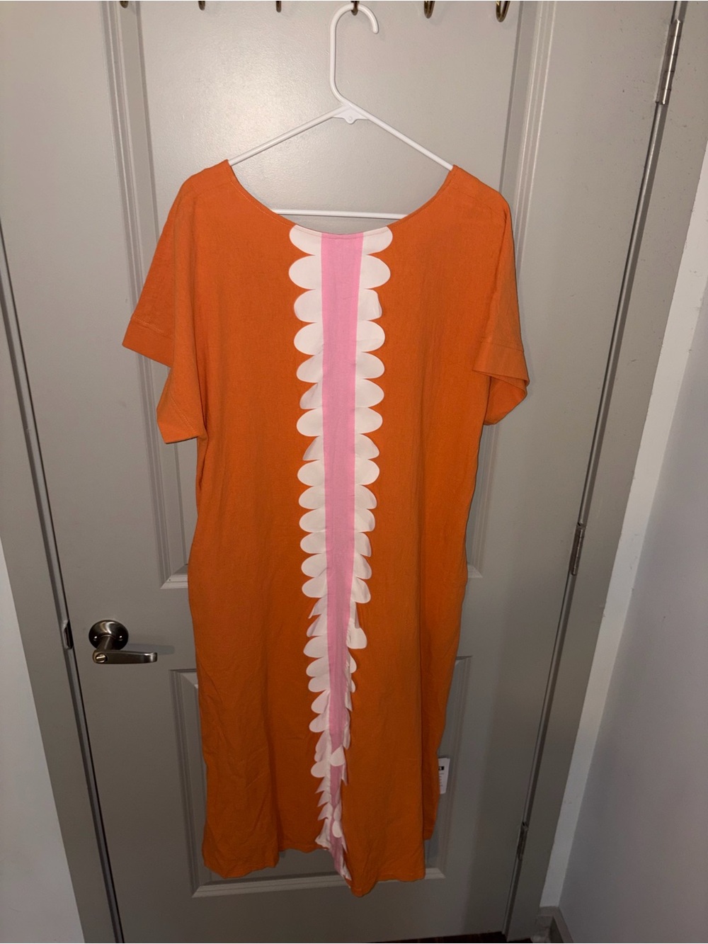 Women's Orange Shift Dress with Pink & White Scallop Trim